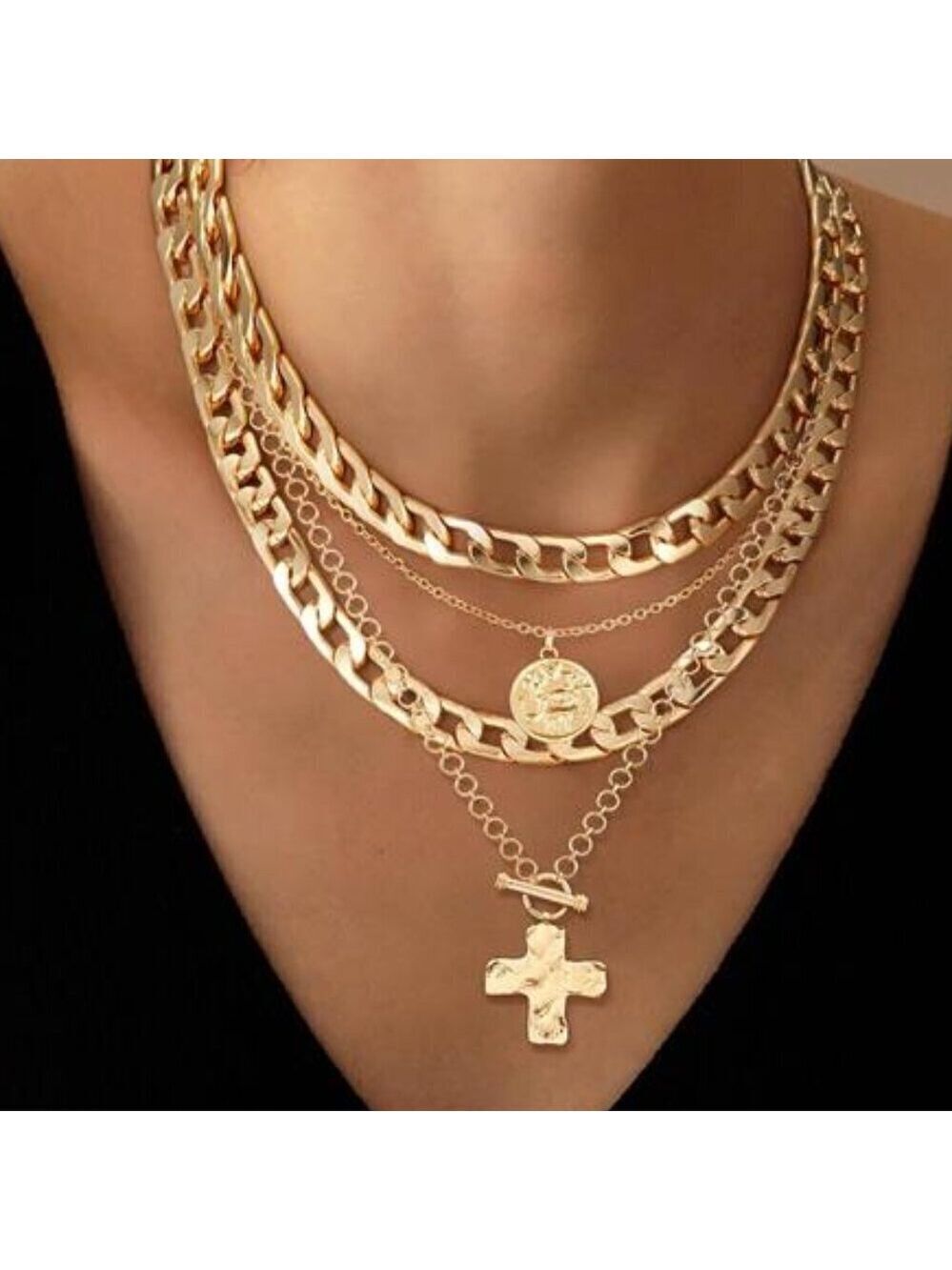 Layered Necklaces Natalia Gold Tone Trendy Retro Coin and Cross Pendant
